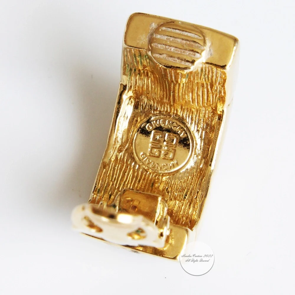 Givenchy Earrings Embossed Logo Stone Faux Pearl Gold Metal Clip Style Vintage - Picture 12 of 12
